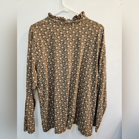Lauren ralph lauren sz2X brown cotton floral 1/4 button up blouse ruffled neck - Picture 2 of 10